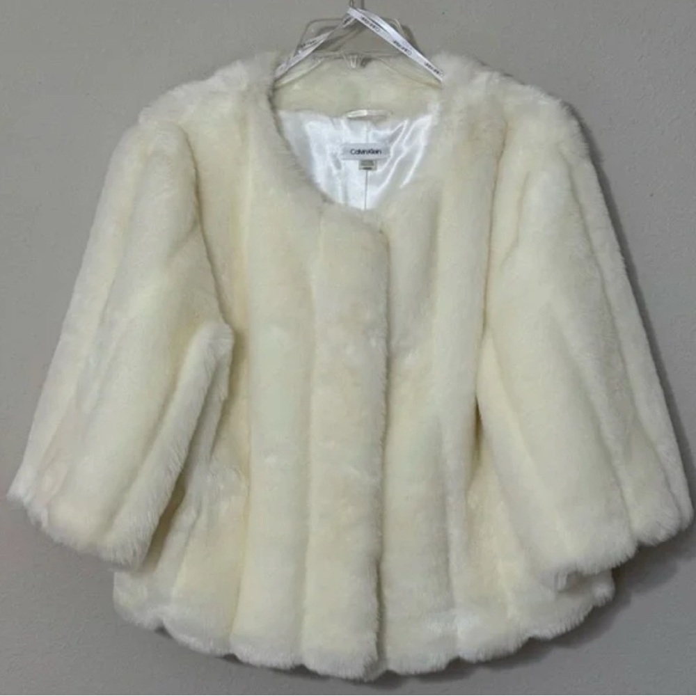 Calvin Klein Cream Faux Fur Coat